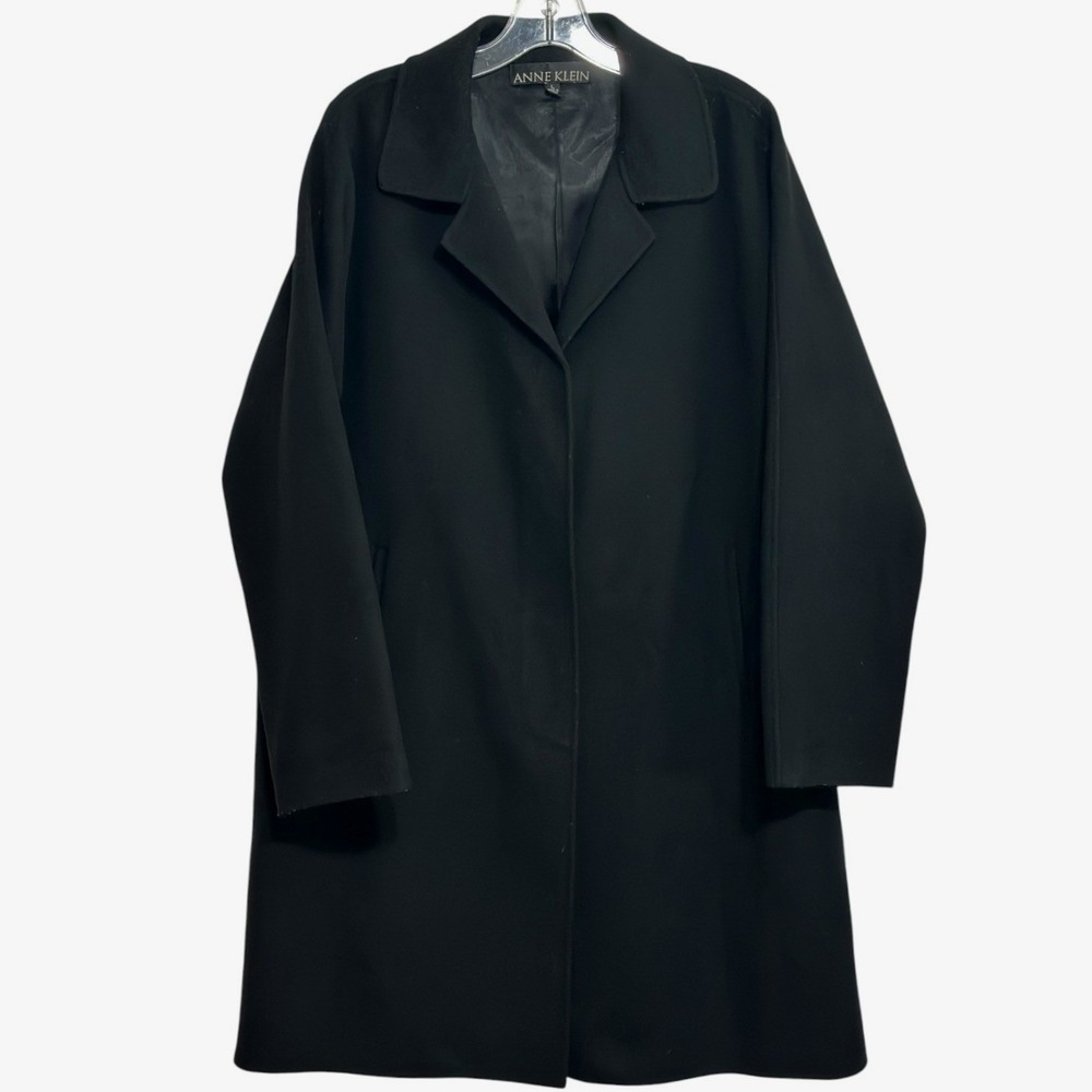Anne Klein Wool Coat Women Black Hidden Button Notched Lapel Winter Outerwear  L